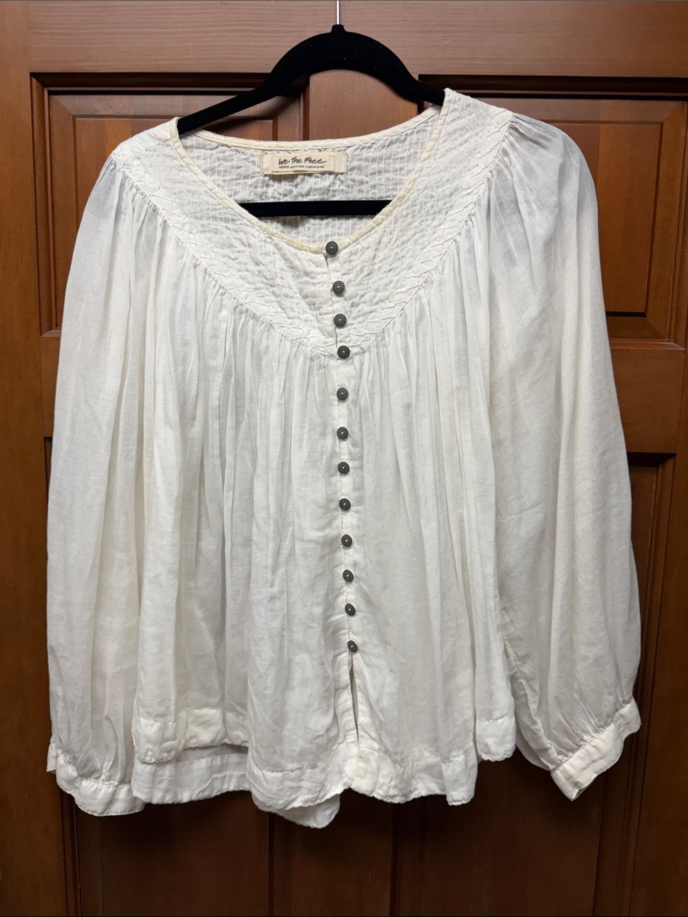 We The Free Cream Smocked V-Neck Button Front Peasant Blouse